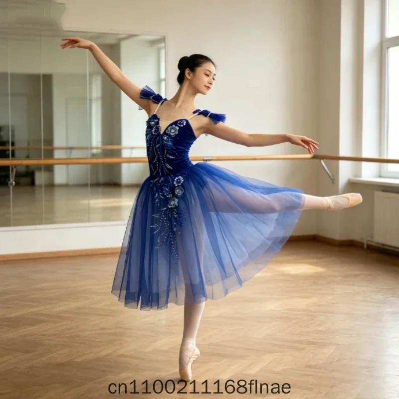 Velvet Ballet Long Skirt Costume Swan Lake Fluffy Tutu Skirt Suspender Dance Outfit For Girls Adult Professional Stage Performan