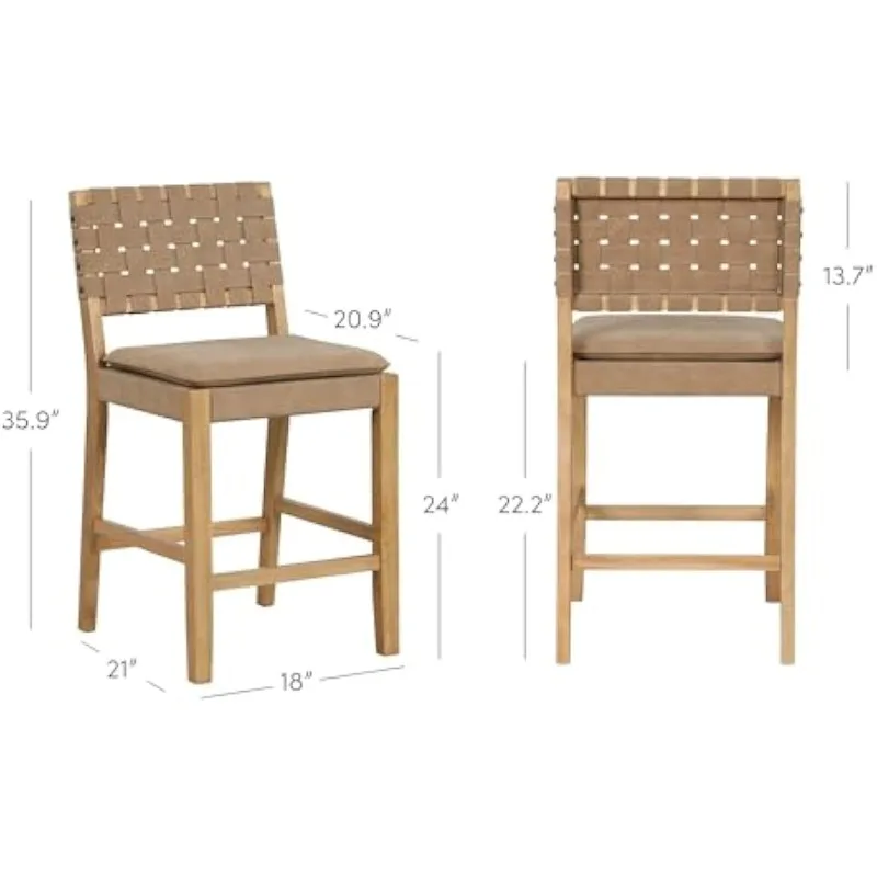 Tabouret de bar en cuir brun naturel, comptoir recommandé dans un cadre en bois massif avec repose-pieds et dossier en cuir tissé pour la cuisine, 1 pièce