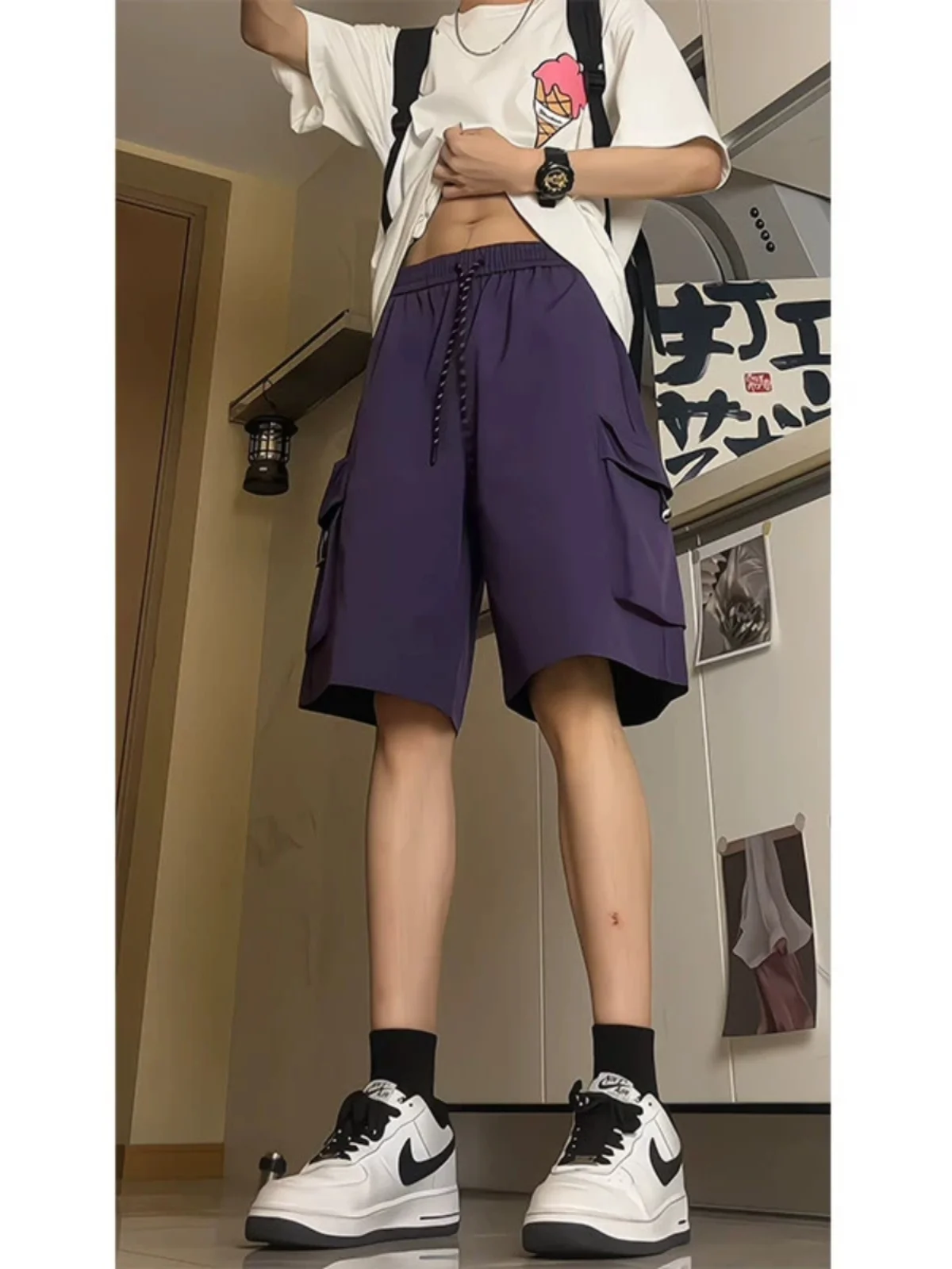 

Outdoor Qui Dry Workwear orts Men's Summer High Waist Plum Purple Fce Knee-Length American Sle Five-Quarter Pants