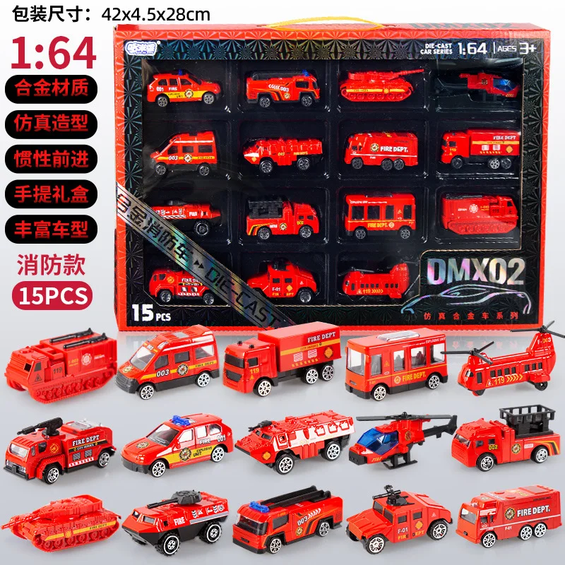15 SZTUK Zestaw Samochodów Ze Stopu Symulacja Bezwładnościowy Samochód Inżynieryjny z Napędem Pull-back Samochód Strażacki Specjalny Samochód Policyjny Zabawka Prezent dla Dzieci