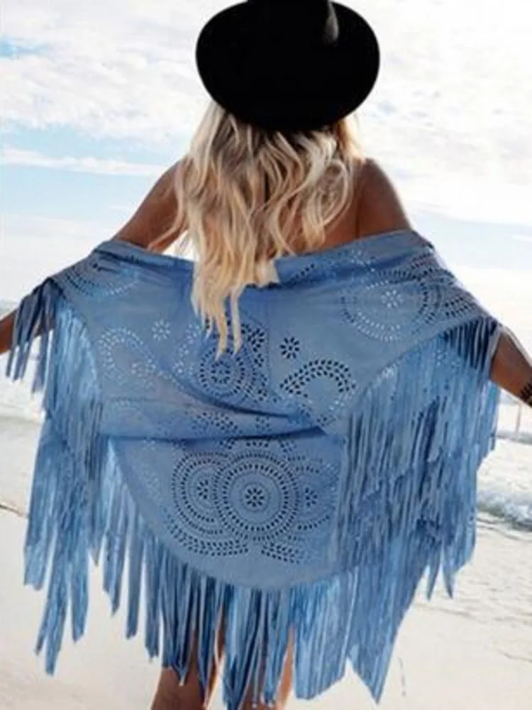 2023 New In Camel Suede Floral Hollow Out Fringe Tassel Shawl Women Vintage Bohemian Capes Ponchos Beach Cardigan Boho Cloak