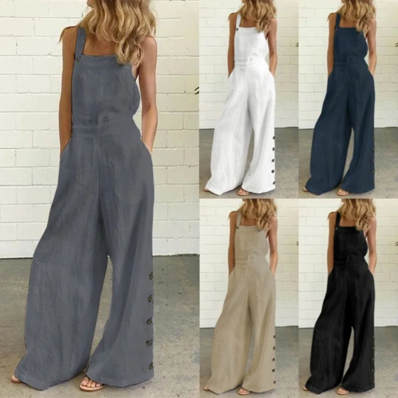 

New Women's Sleeveless Jumpsuit Spring and Summer Side Pocket Casual Wide Leg Straight Trousers Female Casual Overalls Jumpsuit