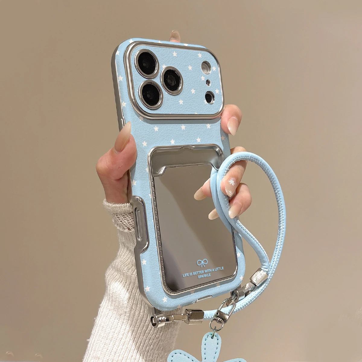 Cute Light Blue Star Print PU Leather Phone Case Built-in Makeup Mirror Flower Wrist Lanyard For IPhone11 12 13 14 15 16 Pro Max