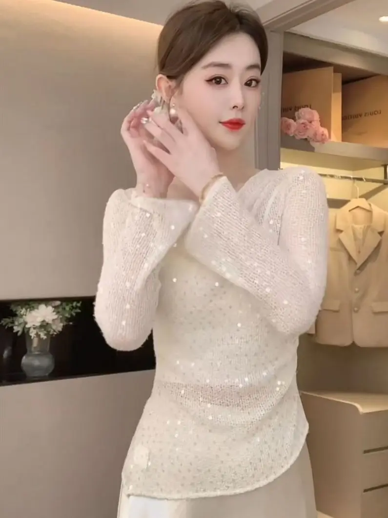 Elegant Women Blouse With Beaded Detailing And Soft Knit Texture For Spring And Autumn Wear