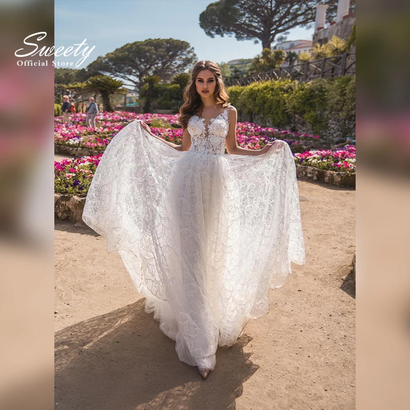 Robe de mariée trapèze en dentelle, sans manches, épaules dénudées, en Tulle, grande taille