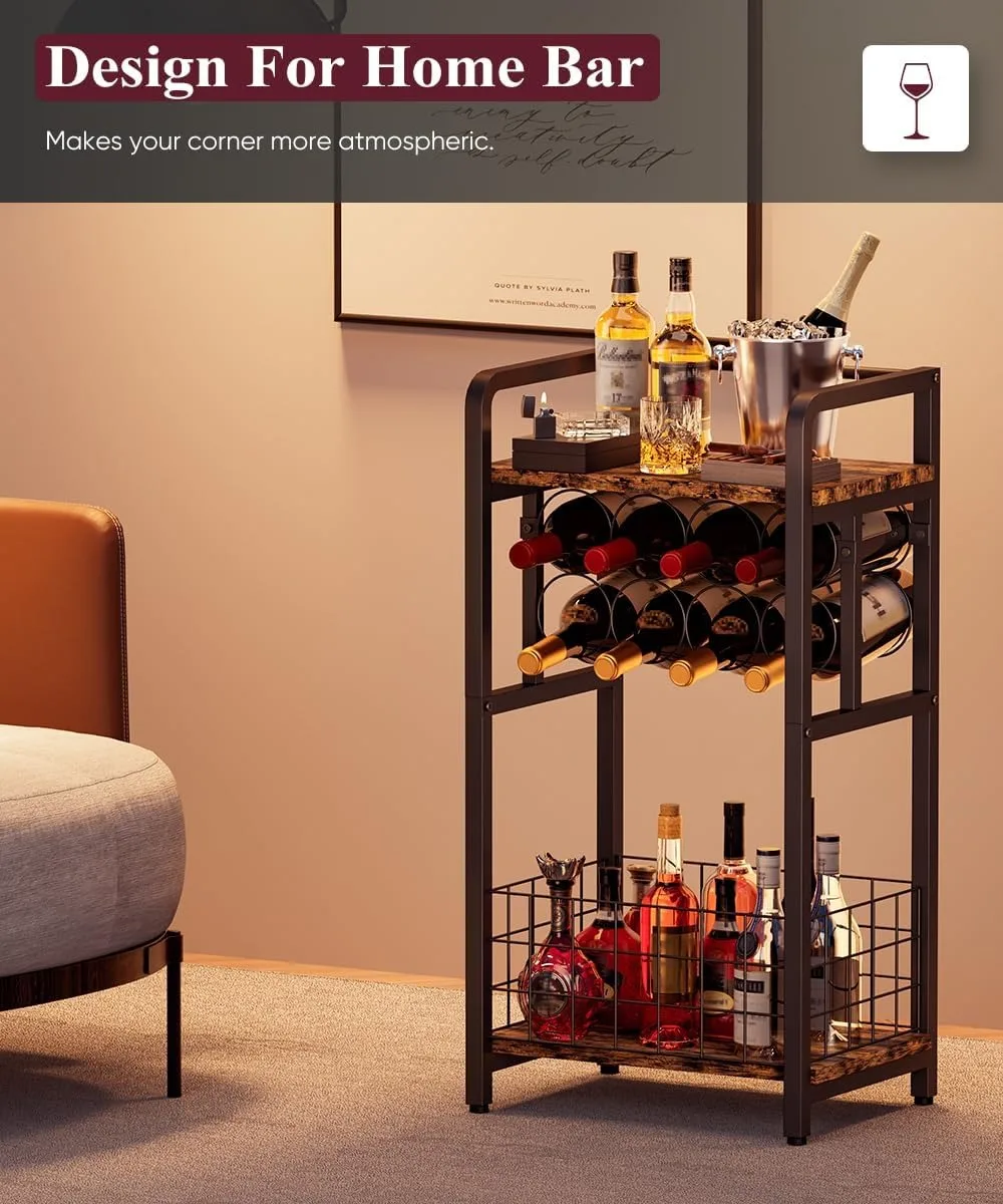 3-Tier Freestanding Wine Rack with Wood Top, Corner Bar Table for Kitchen Living Room, Black Metal Storage