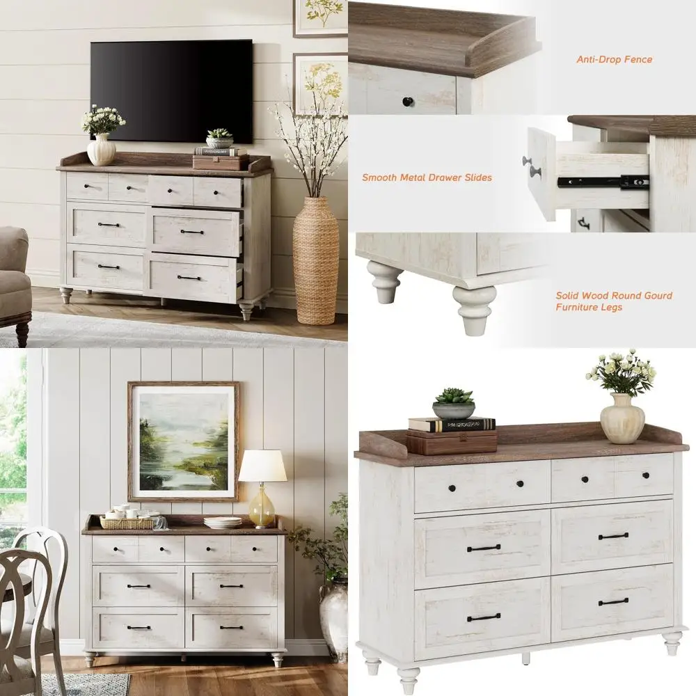 

6-Drawer Rustic White Kids Dresser with Wide Chest for Bedroom, Living Room, and Nursery Storage