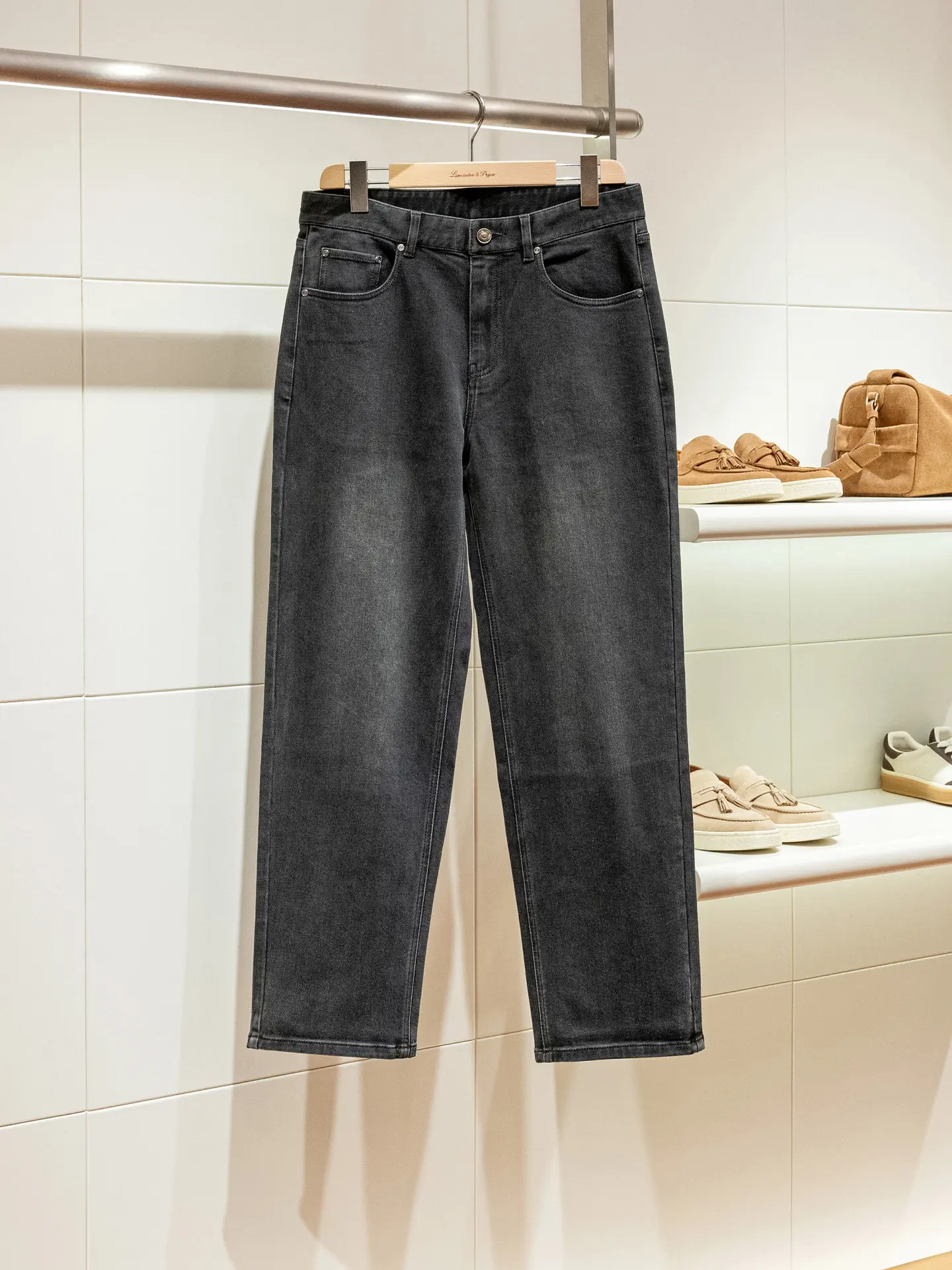 13Oz charcoal ash nostalgic washed cotton blend tannin stretch old money wind loose straight jeans