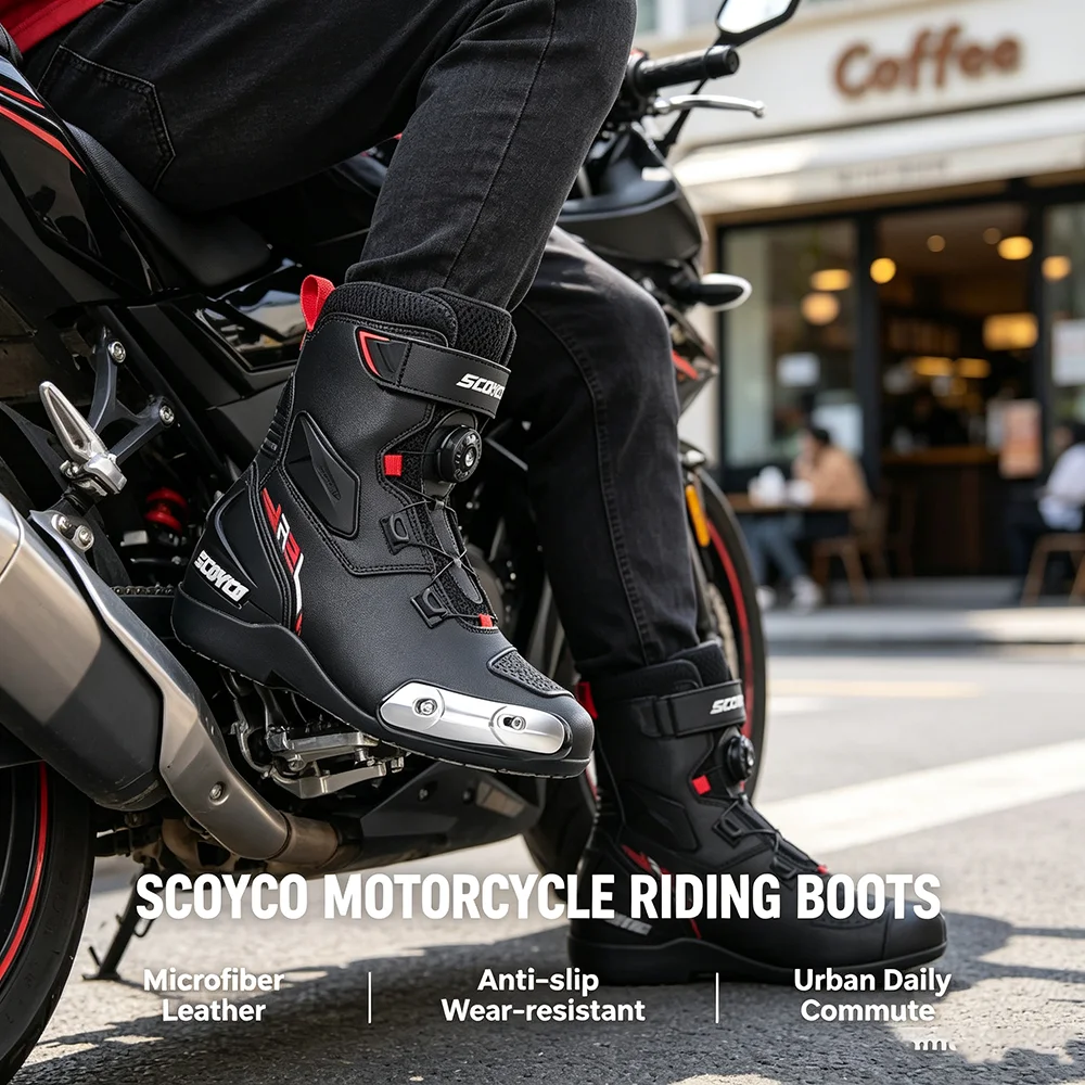 SCOYCO Men Motorcycle Riding Boots Microfiber Leather Motocross Sneakers Anti-slip Wear-resistant Urban Commute Motorbike Boots