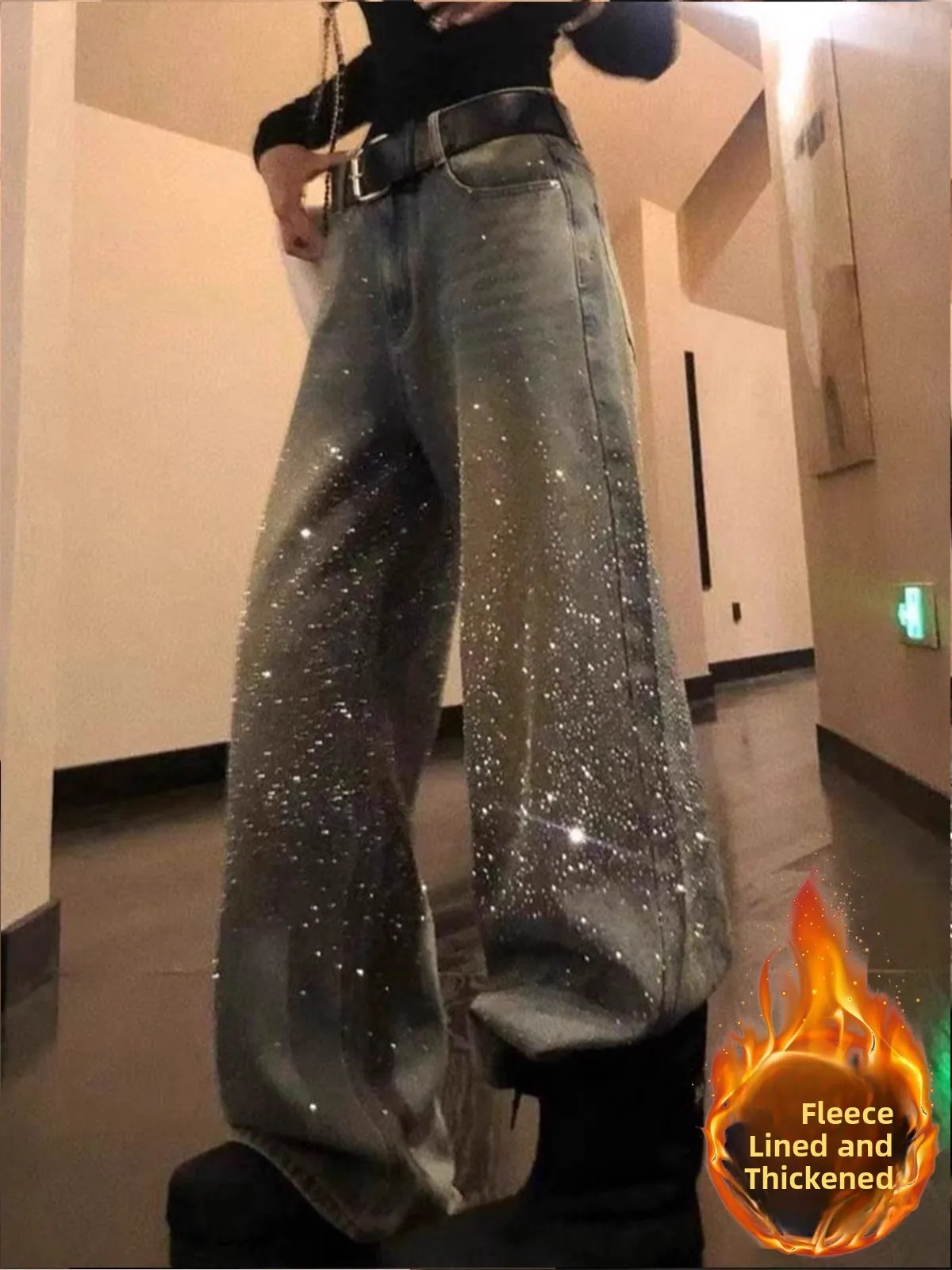 

iny Rhinestone Fce Lined Wide Leg Jeans Women's Autumn Winter Faion High Waist Casual Sle Color Pure Color