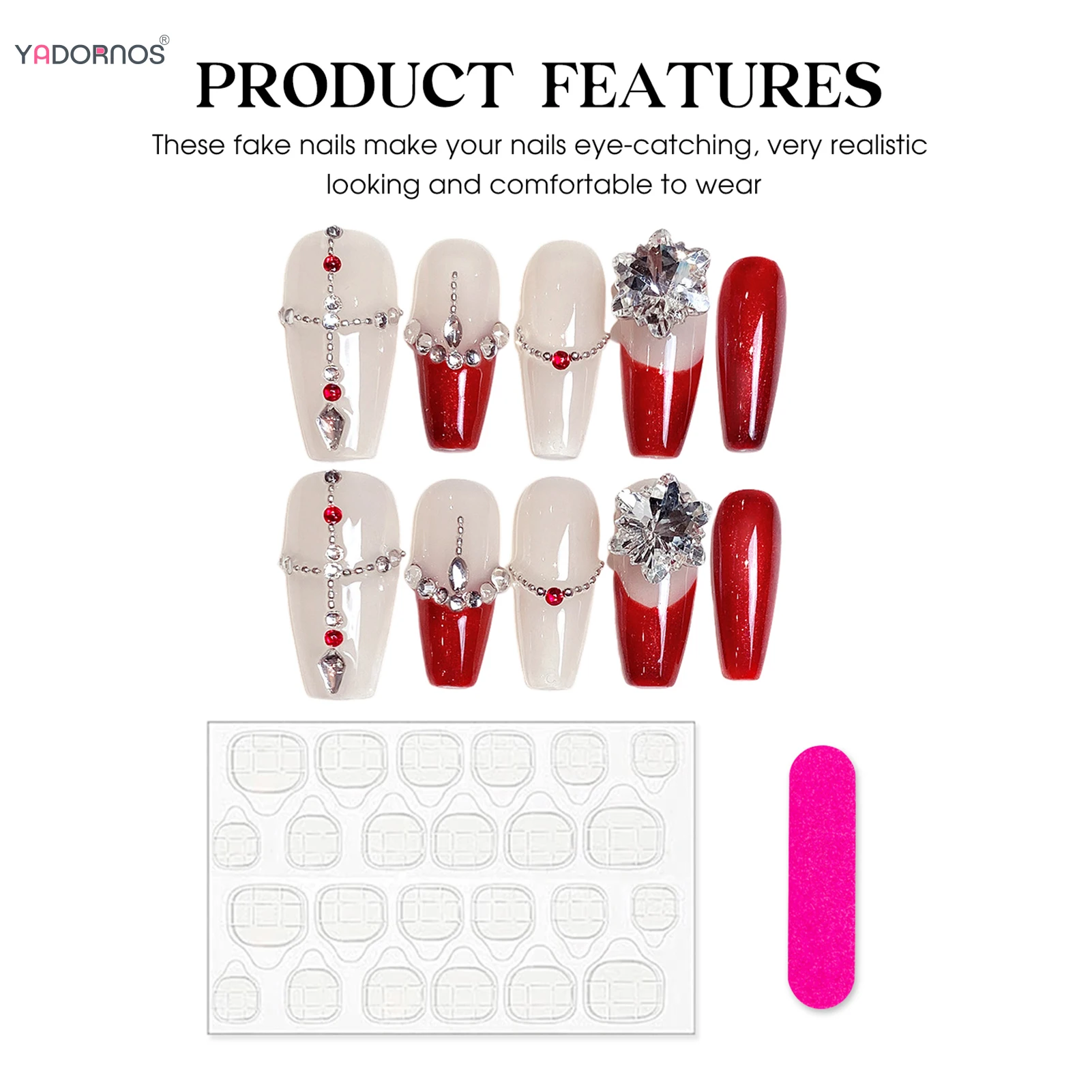 Uñas postizas hechas a mano con ojos de gato, 10 piezas, estilo francés rojo bailarina, diseños de diamantes, manicura usable, uñas de boda