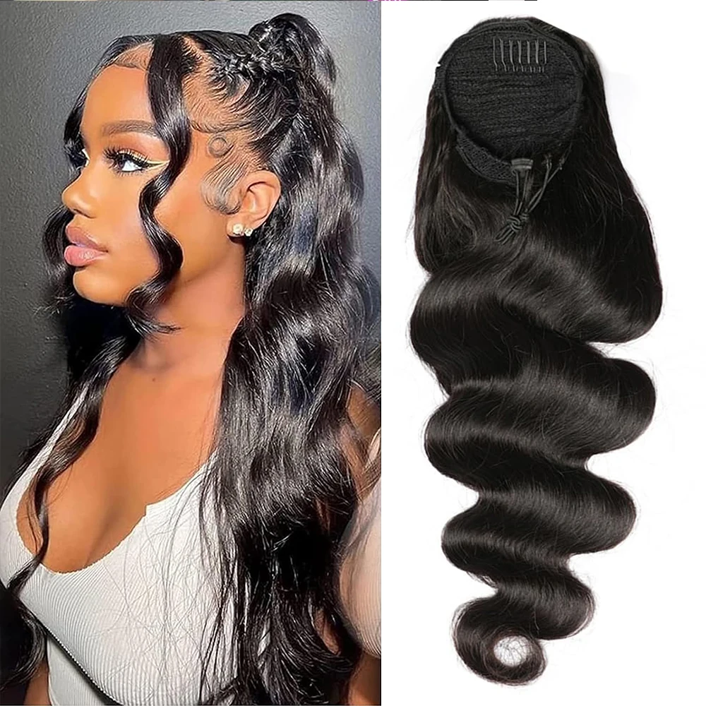 

Объемная волна, человеческие волосы, наращивание хвоста для женщин, натуральный черный зажим на шнурке, наращивание волос в хвосте, 10-24 дюйма