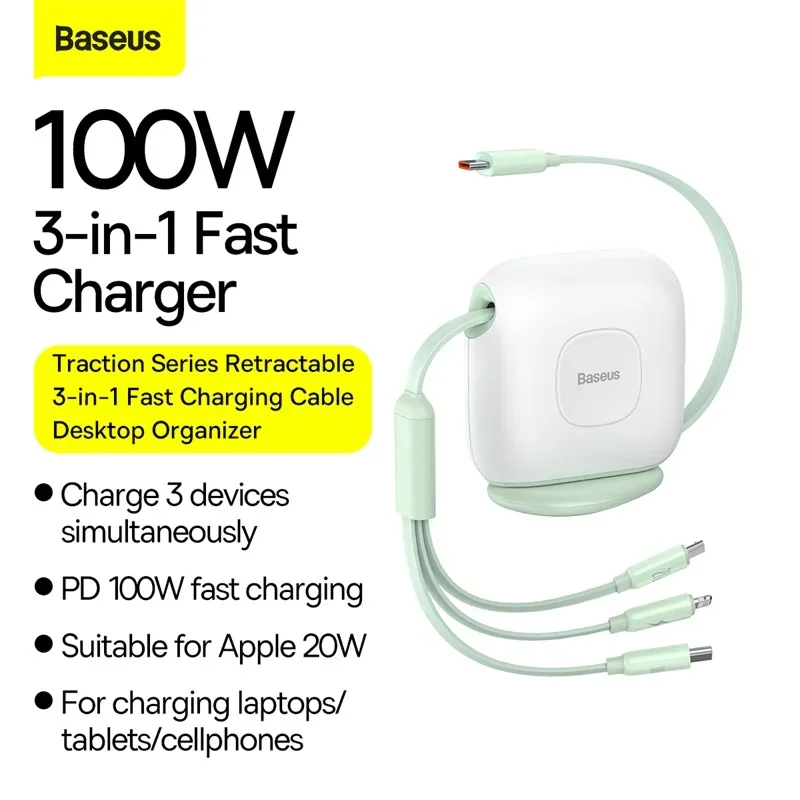 Baseus cavo USB C retrattile 100W 3 in 1 per iPhone 12 13 caricabatterie da tavolo USB tipo C ricarica rapida per Macbook Samsung Xiaomi