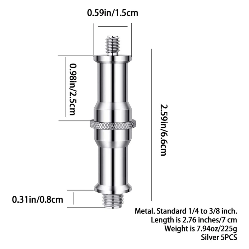 5PCS Standard 1/4 To 3/8 Inch Metal Male Convertor Threaded Screw Adapter Spigot Stud,For Studio Light Stand Camera