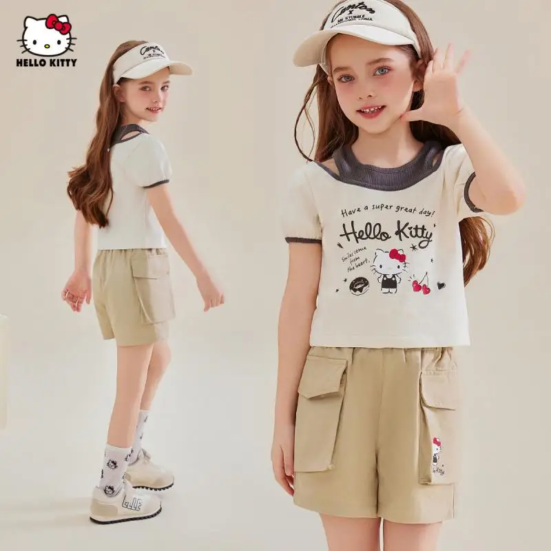 

Sanrio для девочек с короткими рукавами, 2 шт., брюки в спортивном стиле для девочек «Hello Kitty», модный новый стильный детский комплект с героями мультфильмов, средний и большой, летний комплект