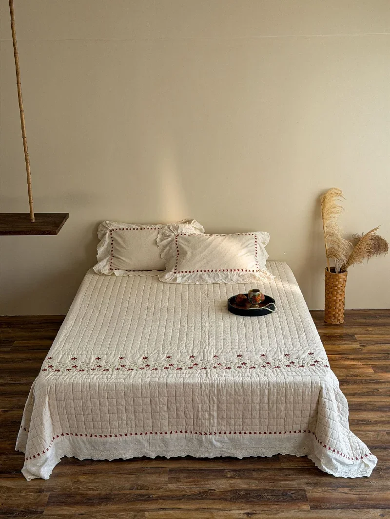 Vintage French Lace Bedspread Set 3PC - Cotton Linen Blend Quilt 1PC, Reversible Lightweight Coverlet, Multi-purpose Bed Blanket