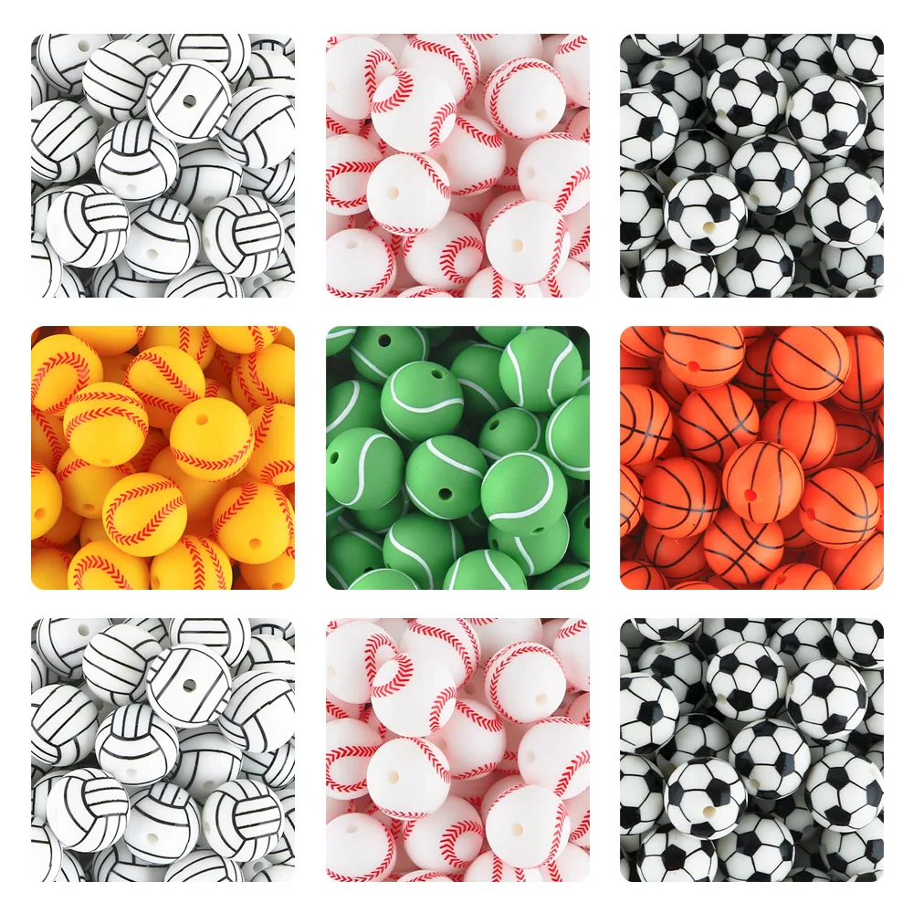 10Pcs/Lot New Printed Silicone Beads 15mm Baseball Tennis Basketball Beads For Jewelry Making DIY Necklace Jewelry Accessorie