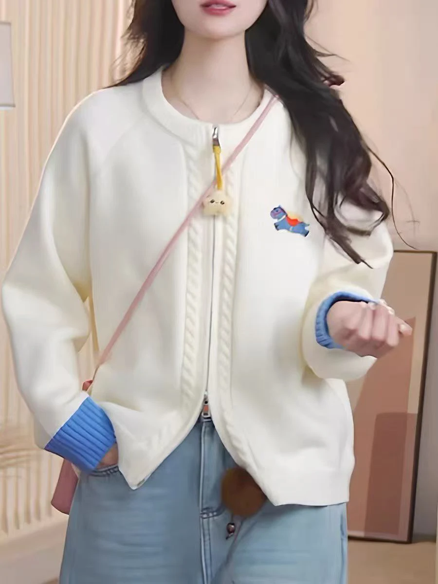 

Вязаный свитер с длинными рукавами и круглым вырезом, с двойной молнией, с вышивкой в виде пингвина, женский, модный, осенне-зимний, новый стиль