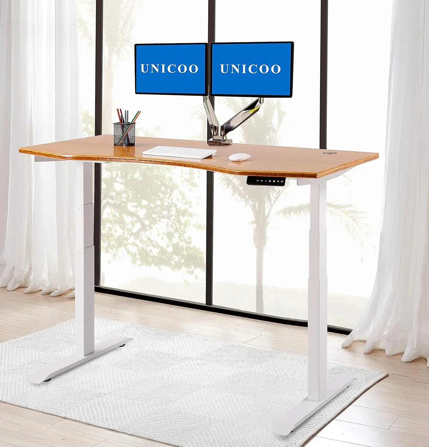 Electric Stand Up Desk Dual Motor, 3 Stage Up Lifting Legs with 1 Inch Thick Bamboo Table Top