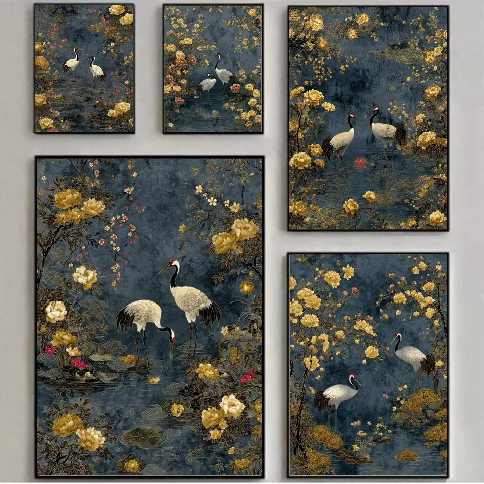 Oil Painting by Number Kit Golden Flower Red Crowned Crane Bird Animal Canvas Wall Art for Adults DIY Home Decor Gift