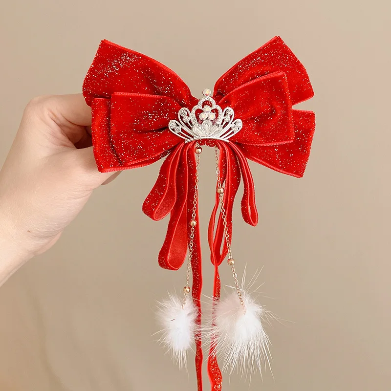 

Red Children's Bow Hairpin Girl's New Year Headwear Chinese Style Hanfu Accessories Hair Clip Hairpin Headwear