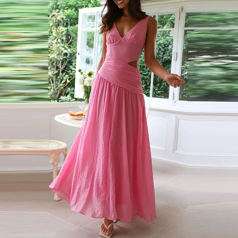 

New Summer Casual Sleeveless Pleated Long Dress Fashion Lady V-neck Robe Dress Simple Solid Color Hollow Backless Women's Dress