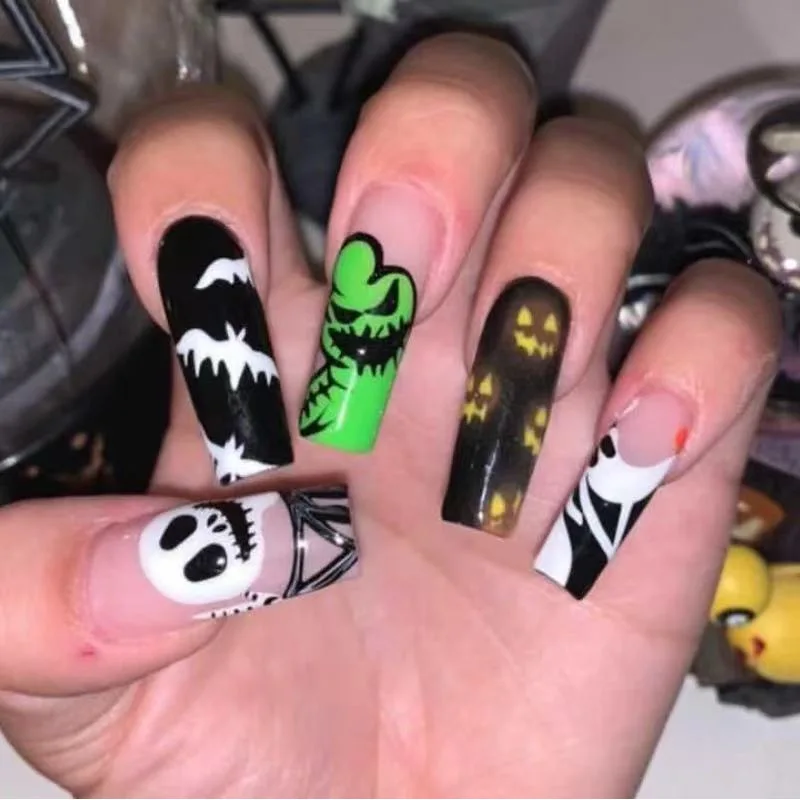 Uñas postizas de ataúd largo, diseños de fuego de Halloween, uñas postizas usables, bailarina francesa, prensa en cubierta completa, puntas de uñas de manicura, 24 piezas