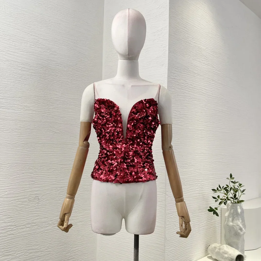 

2025 Spring Summer Red Shining Sequins Strapless Sleeveless Top Quality Women Luxury Blouse Tops for Party