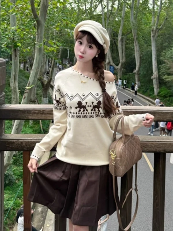 الرجعية معرض جزيرة قبالة الكتف سترة المرأة فضفاضة كسول Sle ملابس خارجية الخريف الشتاء ألياف البوليستر طويلة Sve محبوك irt #1