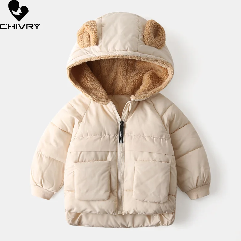 Kids Fashion Down Coat New 2023 Baby Boys Girls Winter Thicken Warm Hooded Zipper Solid Cotton-padded Jacket Overcoat Outerwear