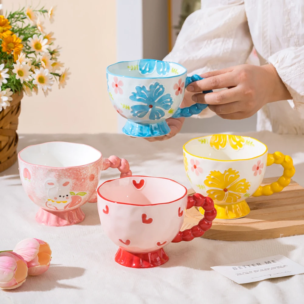 Exquisite Hand Drawn Floral Ceramic Mugs Home Use Afternoon Tea Milk Water Cups Creative Office Coffee Cups Tableware