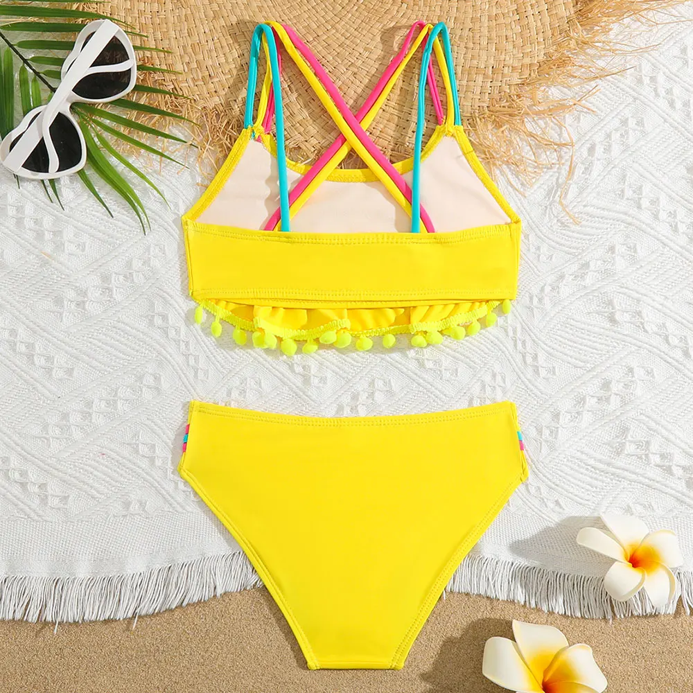 Bikini con volantes para niñas, bañador de dos piezas con espalda cruzada, traje de baño para niños de 5 a 12 años, ropa de playa