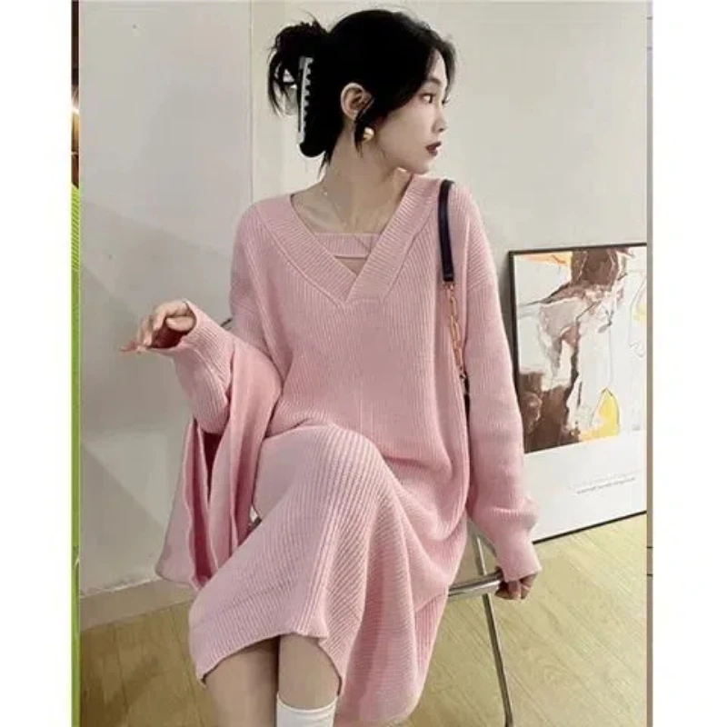 Lazy Style Loose Straight Tube Extremely Simple Style Long Sweater with Coat V-neck Knitted Dress