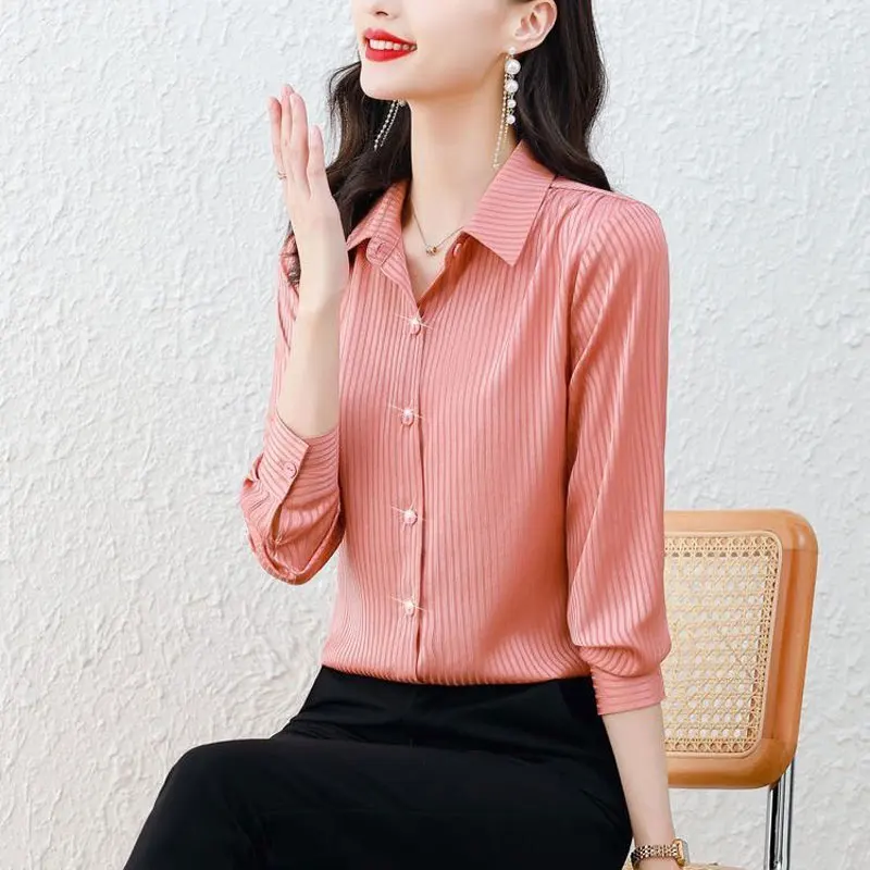 Spring Autumn Striped Solid Color Blouse Women\'s Clothing Commute Long Sleeve Single-breasted All-match Straight Polo-Neck Shirt