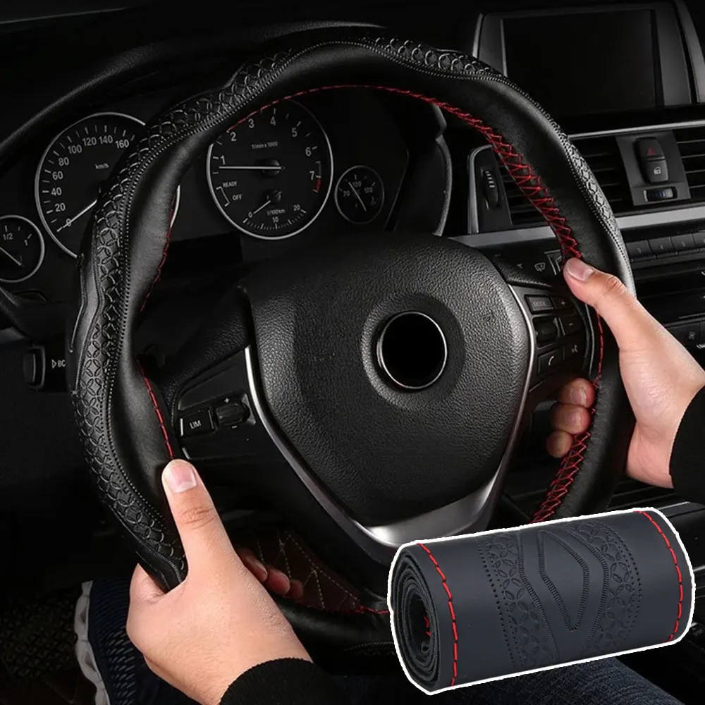 

2021 Braid Genuine Leather Steering Wheel Cover Embossing Pattern Leather Braiding for Steering Wheel 38CM Car Accessories