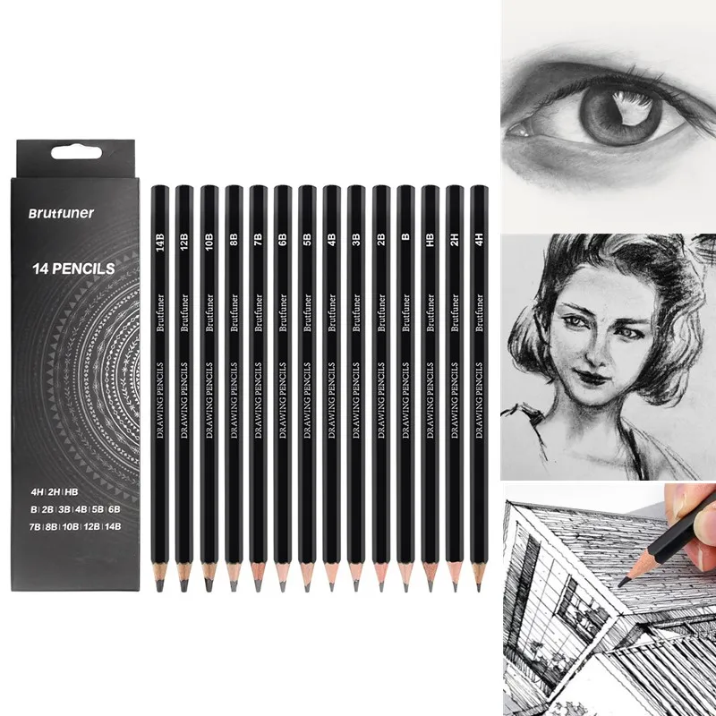 14Pcs Sketching Whole Series Pencil Set 4H-14B Hexagonal Wooden Pencils Black-gray Interlace Easy Coloring  Art Drawing Tools