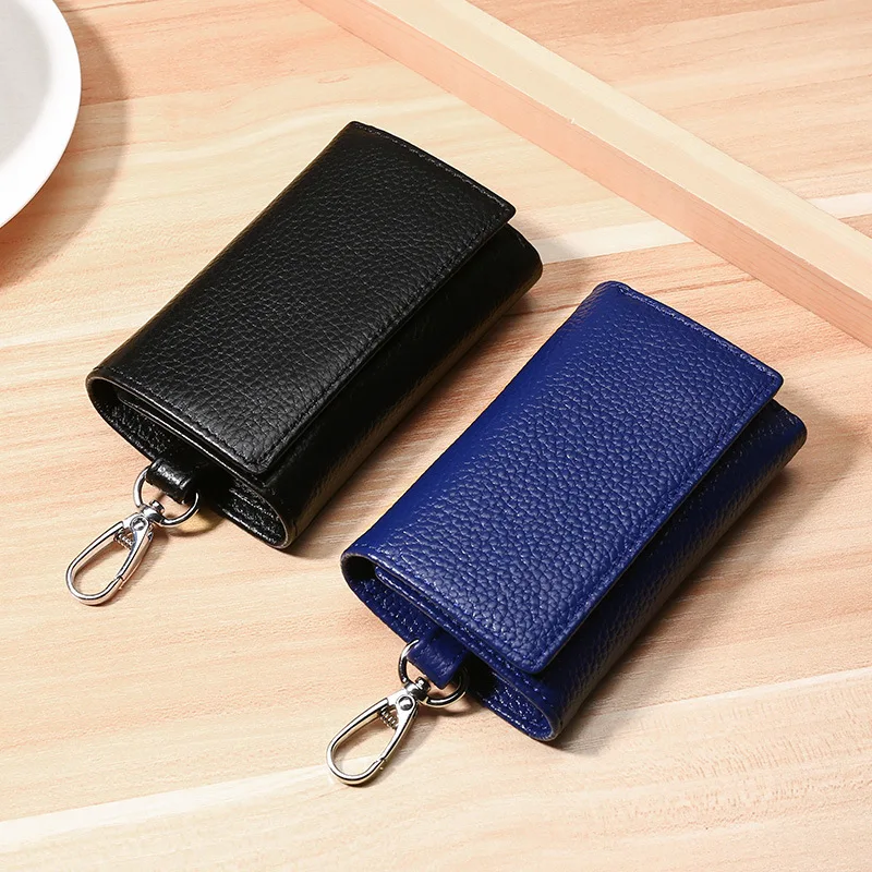 Cartera de cuero genuino Unisex, organizador sólido para llaves, bolso para ama de llaves de coche, tarjetero