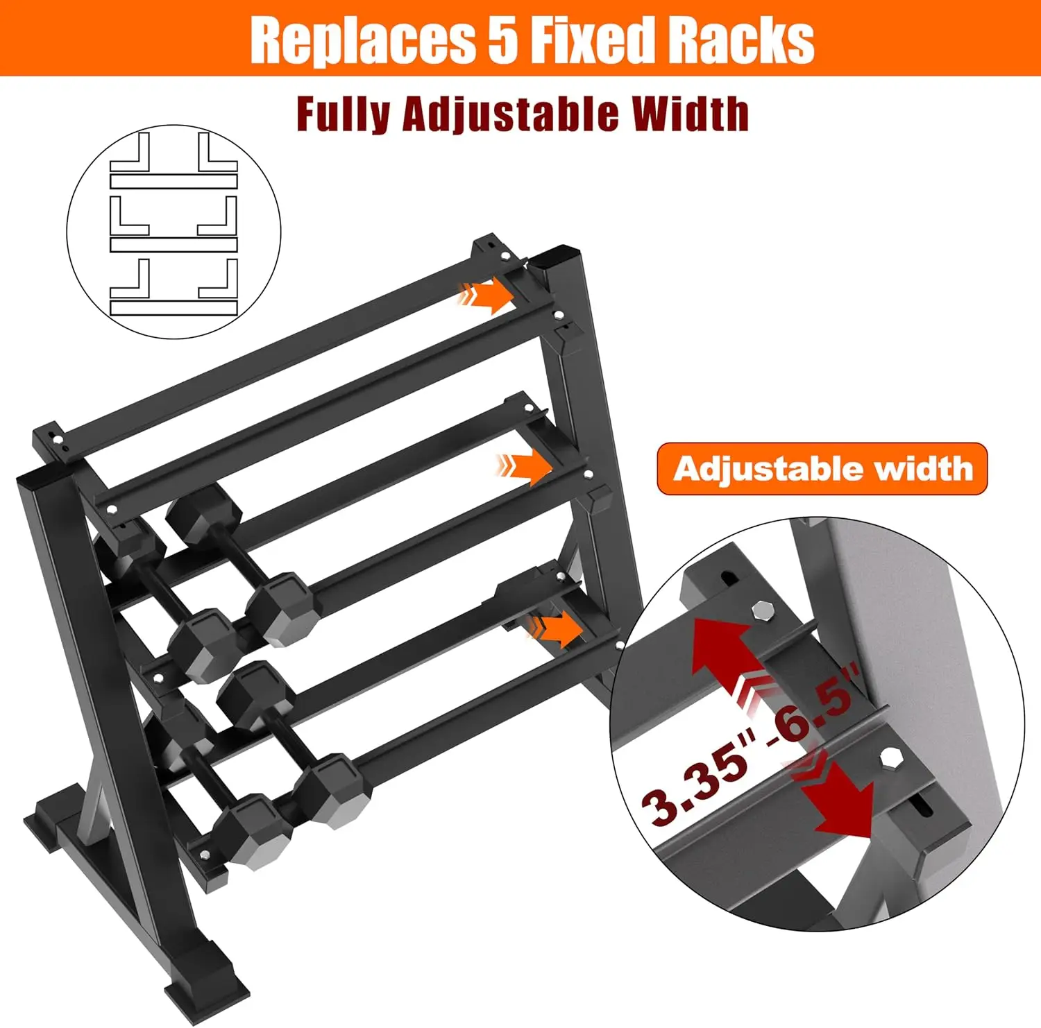 Heavy Duty Three Tier Dumbbell Rack Stand, 1200LBS Commercial Weight Storage Organizer for Home Gym, Multi Functional Fitness Equipment Stand view 3
