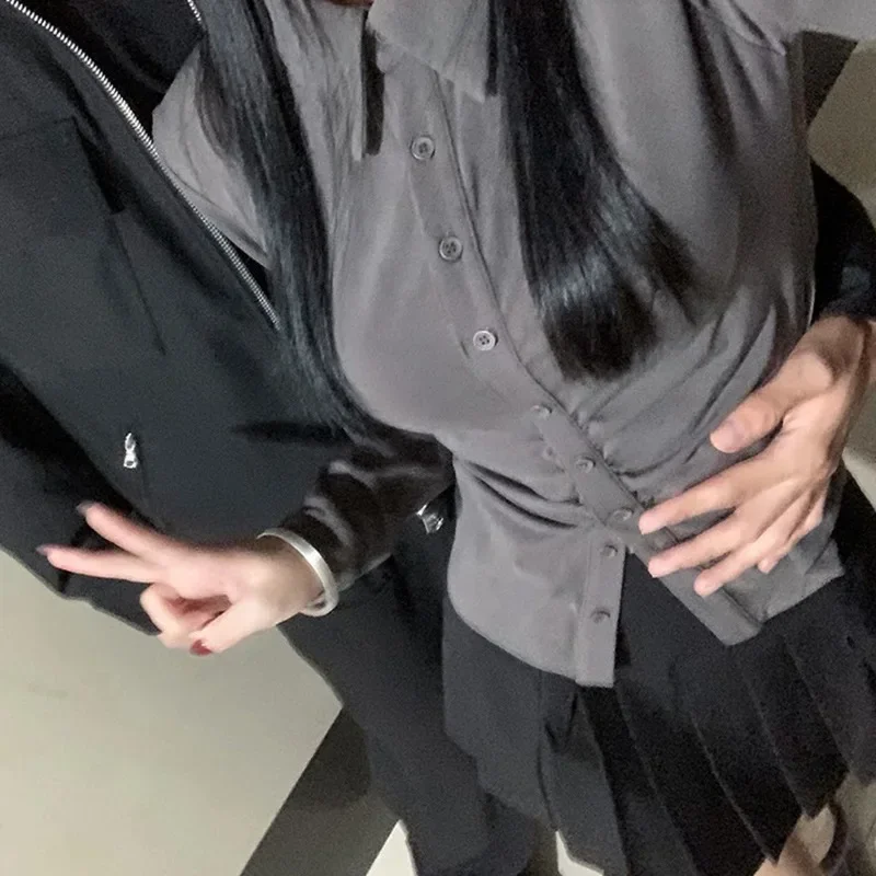 Sexy Shirts Skinny Grey Y2k Long Sleeve Pleated Tops Elegant Chic Korean Fashion Streetwear Office Ladies Blouses New