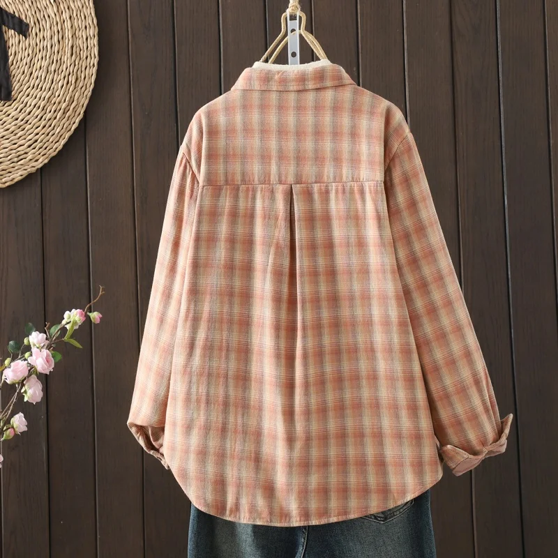 Plaid Cotton irt Women's Casual Loose Fit Warm Inner Wear Long Sve Top for Autumn Winter Vintage Sle Button down