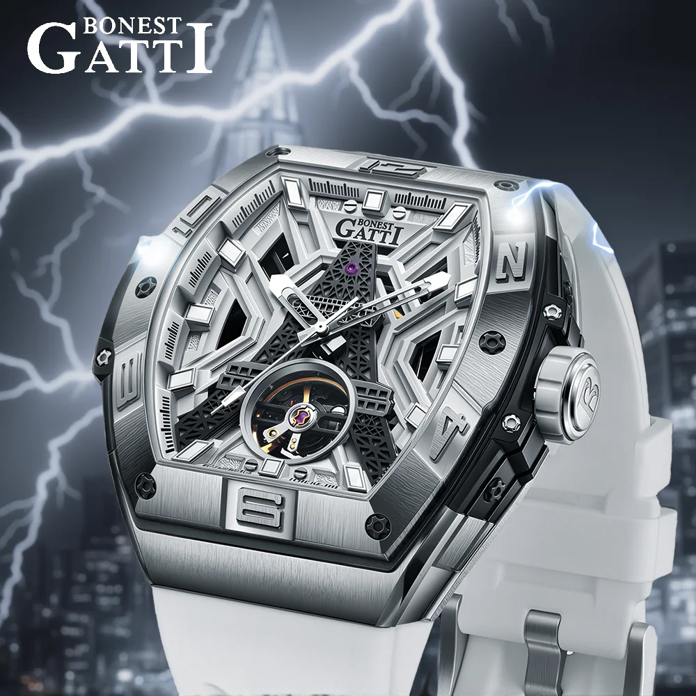 

BONEST GATTI Fashion Skeleton Men's Eiffel Tower Auto Mechanical Watch Luxury Silicone Strap Sapphire Crystal 5ATM German Design