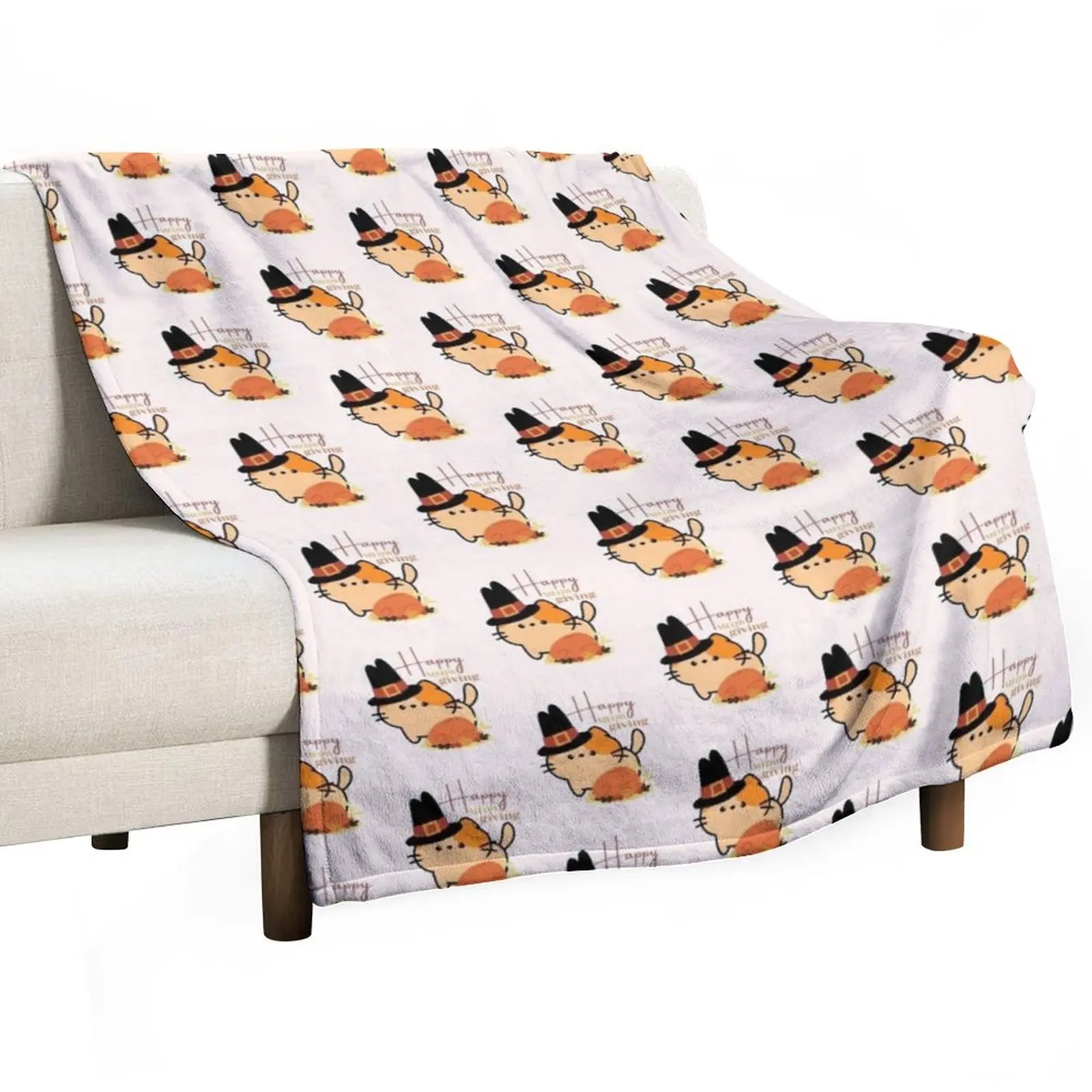 Happy Meowgiving Cute Cat with Pilgrim Hat and Turkey Throw Blanket Vintage Thins Blankets