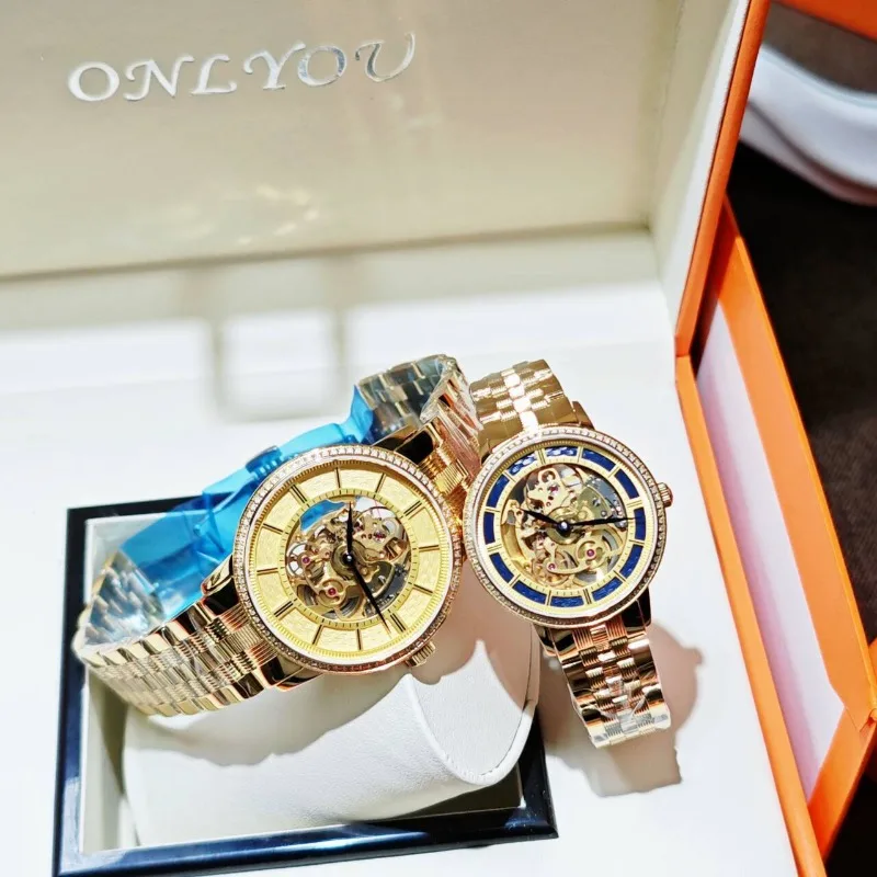 ONLYOU Couple's Luxury Automatic Mechanical Watch - Automatic Winding Mechanical Movement, Genuine Diamond-set Skeleton Dial