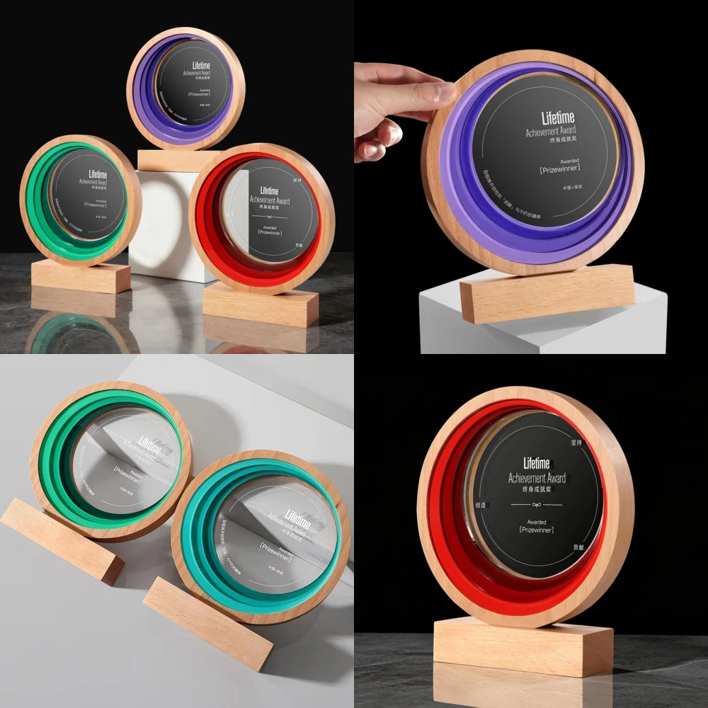 

Creative High-end Round Acrylic Crystal Award Trophy for Recognition Ceremony with Wooden Base UV Printed Engraving