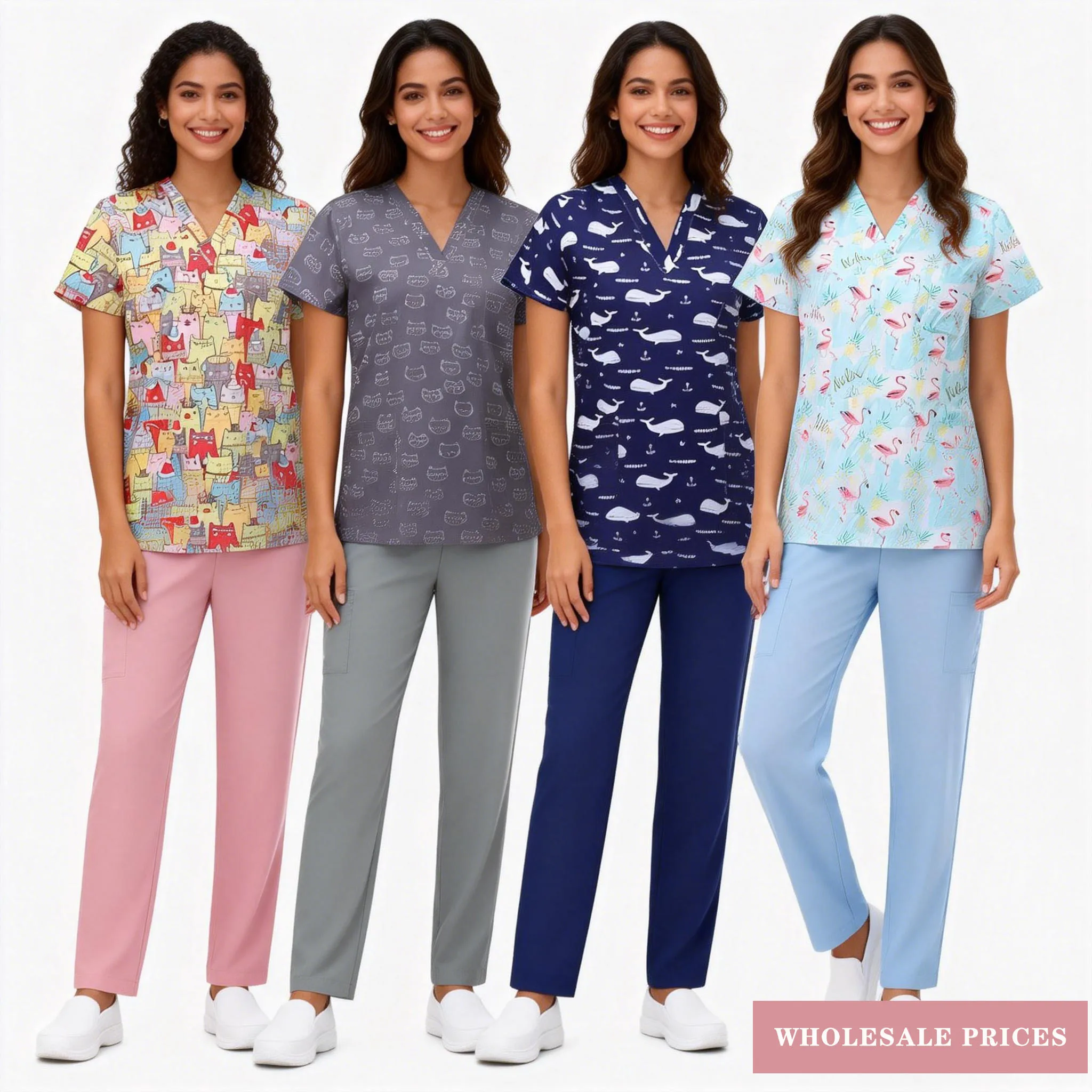 Cartoon Printing Stretch Comfortable Scrubs Womens V-Neck Mens Scrub Uniforms Hospital Printing Nurse Doctor Medical Scrubs Sets