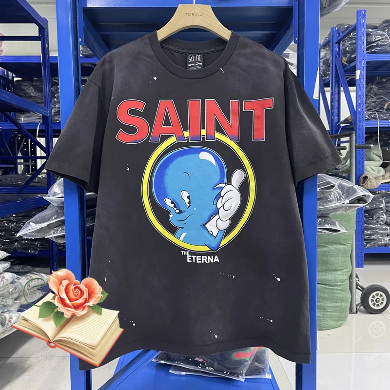 

Saint Blue Angel Children Print T-shirt Men Women Washed Distressed Short Sleeve Heavy Fabric T Shirt