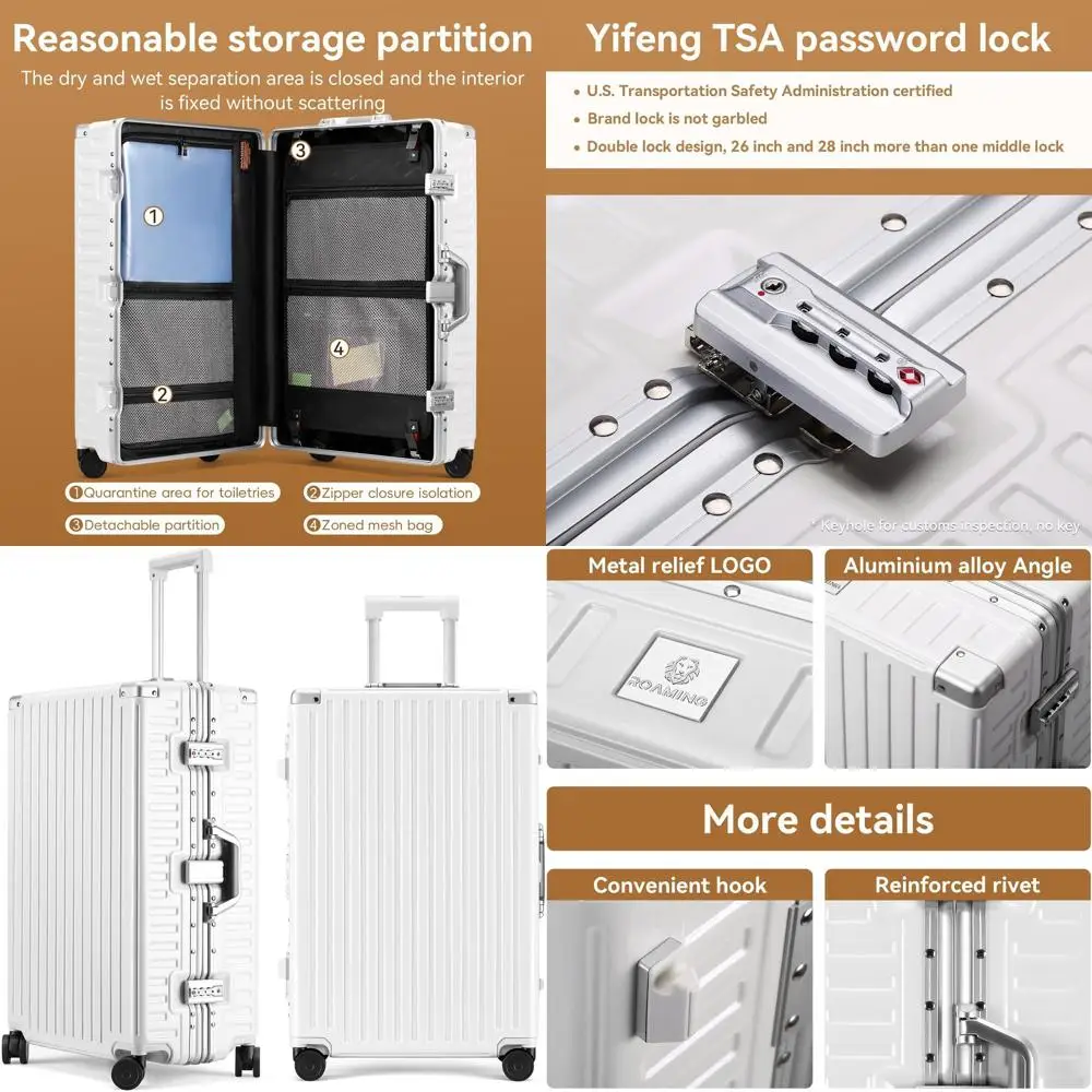 Medium 22 Lightweight Hard Shell Suitcase with Aluminum Frame, Polycarbonate Trunk, Spinner Wheels, TSA Locks, Shell White