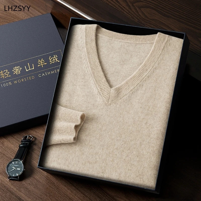 LHZSYY Autumn Winter 100%Pure Cashmere Sweater Men V-Neck Knit Pullover High-End Plus-Size Tops Youth Business Casual Warm Shirt