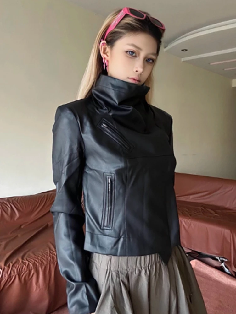 معطف نسائي كاجوال من American Retro Biker Jaet مصنوع من جلد البولي يوريثان، معطف نسائي بياقة واقفة، قميص أنيق لشخصيات صغيرة