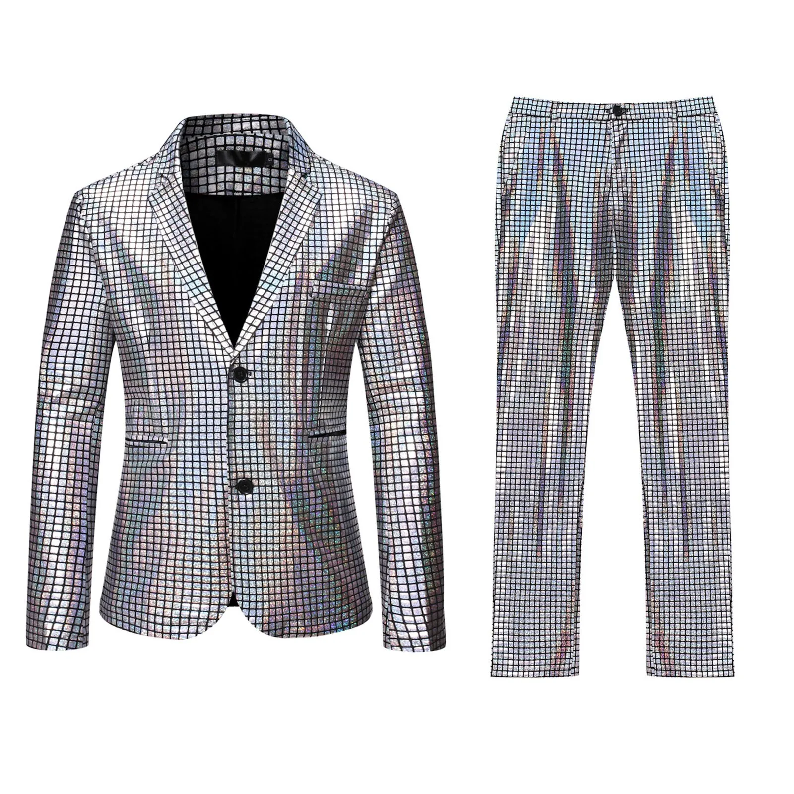 Grid Printed Men 2 Piece Suit Set Retro Punk Single Breasted Blazers And Pant Set Wedding Suit Stage Performance Costumes Male